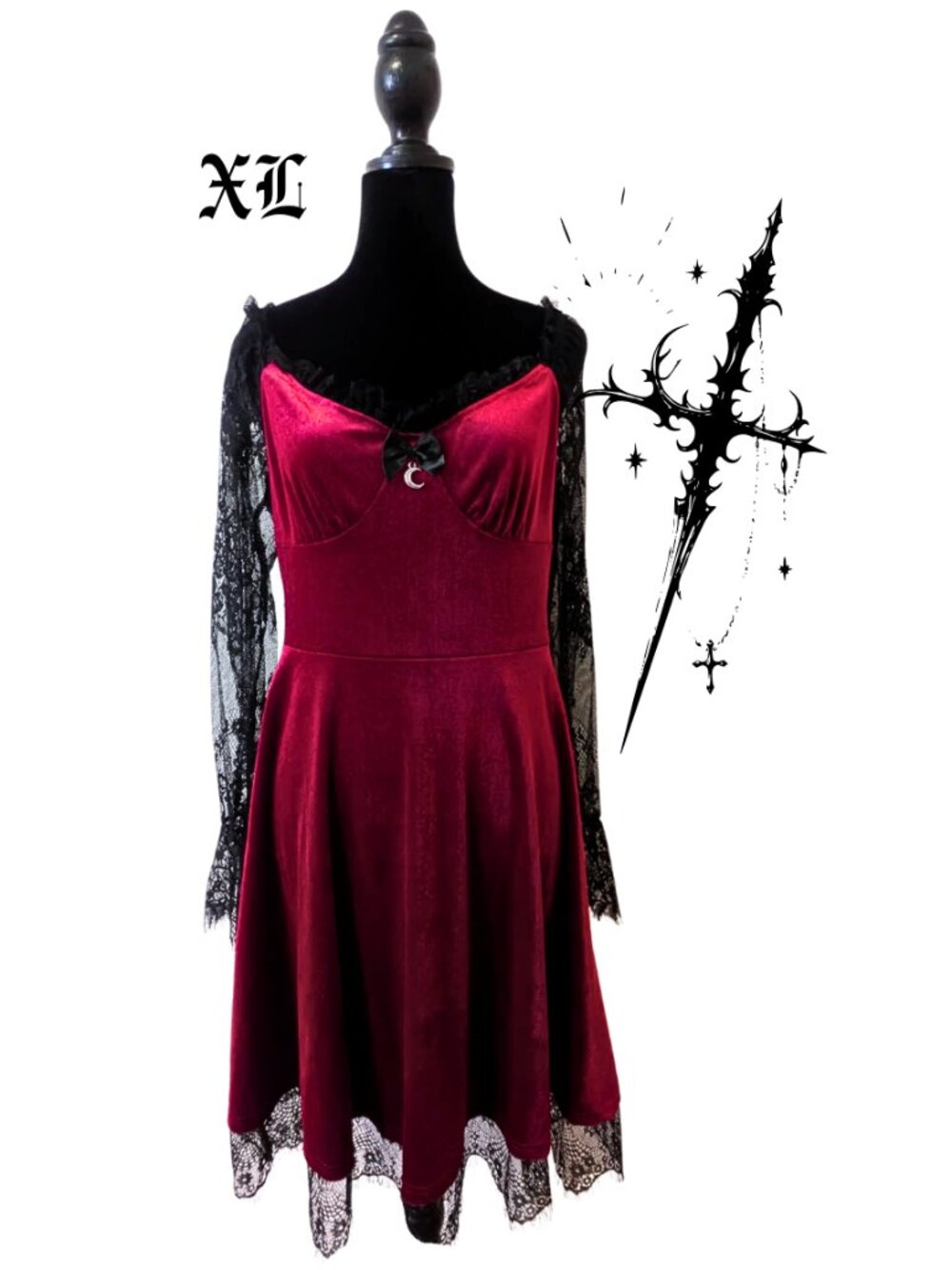 Goth Burgundy Velvet Lace Mini Dress XL Vampire Romantic Bell Sleeve Witchy Moon